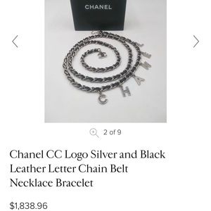AUTHENTIC Chanel CC Logo Silver & Black Leather Letter Chain Belt Necklace